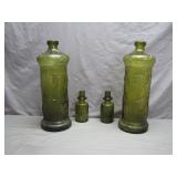 4 Green Embossed Glass Bottles