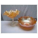 Iridescent Carnival Glass Compote and Bowl