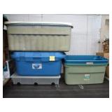 5 Plastic Totes, with 3 Lids and Wheels