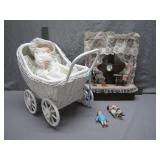 Handwoven Wicker Pram With Porcelain Dolls