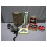 Eclectic Lot: Tins, Goggles, and Thermometer