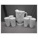 Milk Glass Grape Motif Pitcher and Glass Set