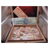 Cigar Box of Foreign Coins & Currency