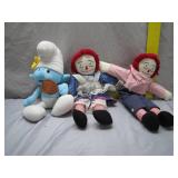 Trio of Plush Dolls: Smurf and Raggedy Ann & Andy