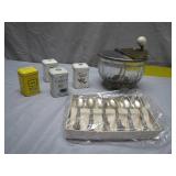Tea Spoons, Tins, and Glass Bowl Set