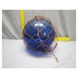 Large Blue Glass Fishing Float with Netting