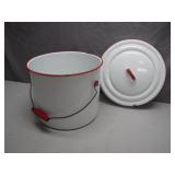 White Enamel Bucket With Red Trim and Lid