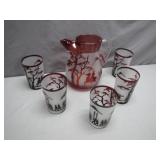 Painted Glass Pitcher with Tumblers