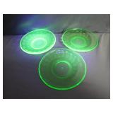 3 Federal Glass Uranium Glass Saucers
