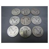 9 Silver Standing Liberty Quarters