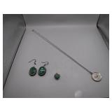 Sterling Necklace and Earrings, Green Pendant