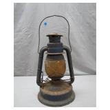 Blue Lantern With Amber Glass and Wire Handle