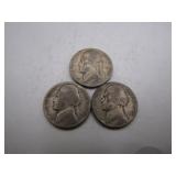 Three 1945 WWII Jefferson Silver Nickels