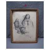 Framed Native American and Buffalo Sketch