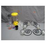 Glasses, Blender, and Candle Holders