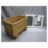 Wicker Mirror and Rolling Basket Duo