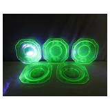 Bird Etched Uranium Glass Small Plates Set