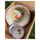 ENAMEL SOUP BOWLS, SAUCER, ASSORTED SIZES