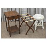 Pine Stand, Folding Luggage Rack, & Wicker Stool