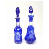Two Cobalt Cut to Clear Decanters