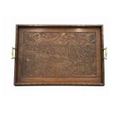 Floral Carved Walnut Serving Tray Signed Forward