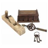 Four Antique Tools and Wood Box Assortment
