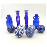 Cobalt Candlesticks & Porcelain Carpet Balls