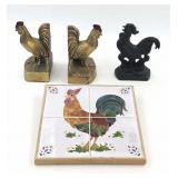 Rooster Bookends, Signed Trivet, and Doorstop