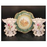 Pair of Moss Rose Vases and Victorian Plate