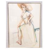 Framed Pastel of Woman in Sun Hat by Bob Daniel