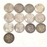Thirteen Assorted Morgan Silver Dollars