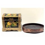 Painted Wood Chest and Carved Bamboo Tray