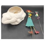 Ceramic Frog Planter & (2) Metal Garden Ornaments