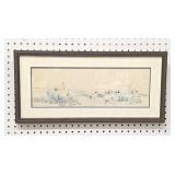 Japanese Watercolor of Cranes in Marsh