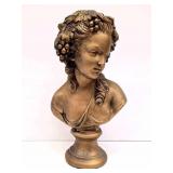 Cast Plaster Bust of Young Female w/ Grape Motif