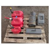 Assorted Fuel Cans & Toolboxes
