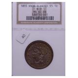 1855 N-9 NGC MS62 LARGE CENT  KNOB ON EAR