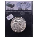 1941 S NGS AU53 WALKING HALF DOLLAR