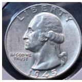 1945 WASHINGTON QUARTER CHOICE BU