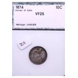 1874 PCI VF25 SEATED DIME