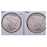 TWO 1922 CH BU PEACE DOLLARS