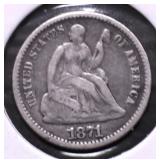 1871 HALF DIME VF