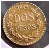 1945 MEXICO 2 GOLD PESOS GEM