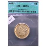 1881 ICG AU 55 HALF EAGLE
