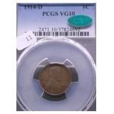 1914 D PCGS VG10 CAC LINCOLN CENT