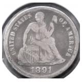 1891 SEATED DIME VG
