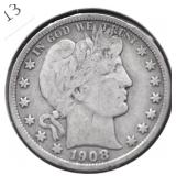1908 D BARBER HALF DOLLAR F