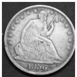 1856 O SEATED HALF DOLLAR VF