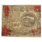 1776 CONTINENTAL CURRENCY 4 DOLLARS VG