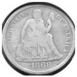 1868 S SEATED DIME VG